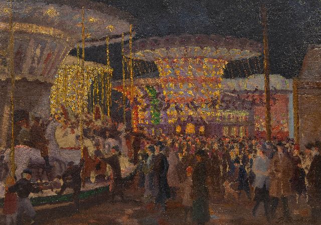 Paul Buchholz | Een avond op de jaarmarkt, olieverf op karton, 34,5 x 48,5 cm, gesigneerd r.o. en te dateren ca. 1920