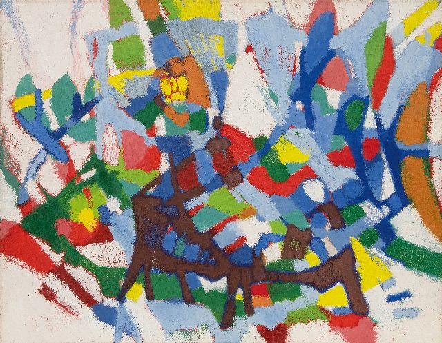 Frieda Hunziker | Compositie, olieverf op doek, 70,0 x 90,4 cm, gesigneerd verso en te dateren 1957
