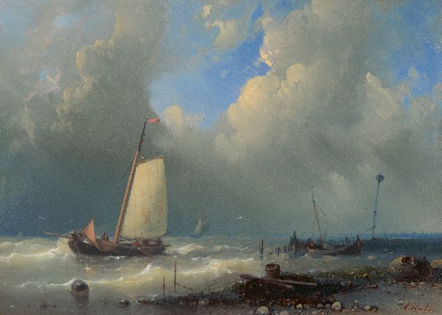 Abraham Hulk | Schip voor de haven bij zwaar weer, olieverf op paneel, 14,5 x 20,2 cm, gesigneerd r.o.