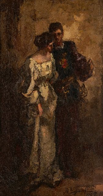 Rob Graafland | Op weg naar het bal, olieverf op doek op paneel, 38,6 x 21,3 cm, gesigneerd r.o. en gedateerd 1905