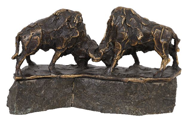 Jits Bakker | Twee bizons, brons, 15,5 x 25,0 cm, gesigneerd op de basis