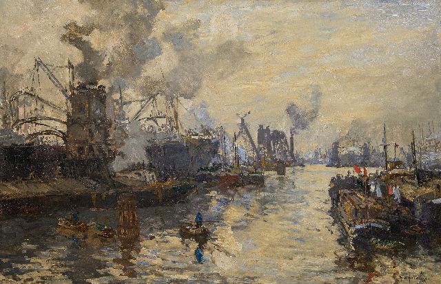 Johan Hendrik van Mastenbroek | Graanelevators aan het werk in de Maashaven, Rotterdam, olieverf op doek, 84,1 x 130,5 cm, gesigneerd r.o. en gedateerd 1913