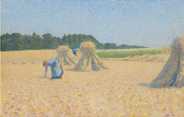 Hart Nibbrig F.  | Korenveld met arenlezende vrouw, olieverf op doek 39,2 x 60,4 cm, te dateren ca. 1900