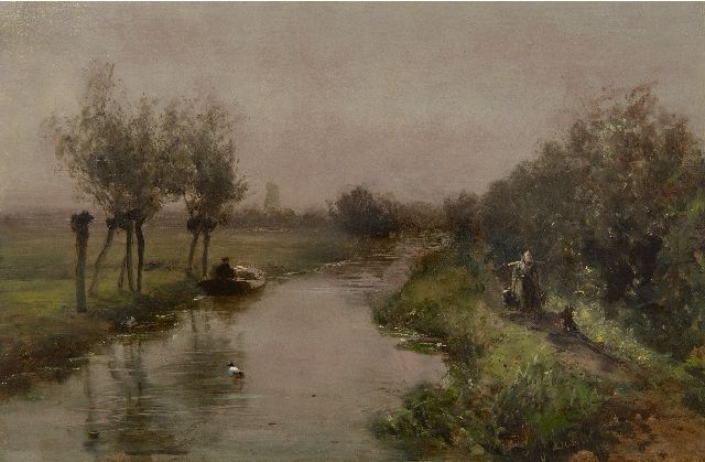 Johannes Josephus Destrée | Poldervaart met figuren, olieverf op paneel, 28,8 x 43,8 cm, gesigneerd r.o. en gedateerd 1878