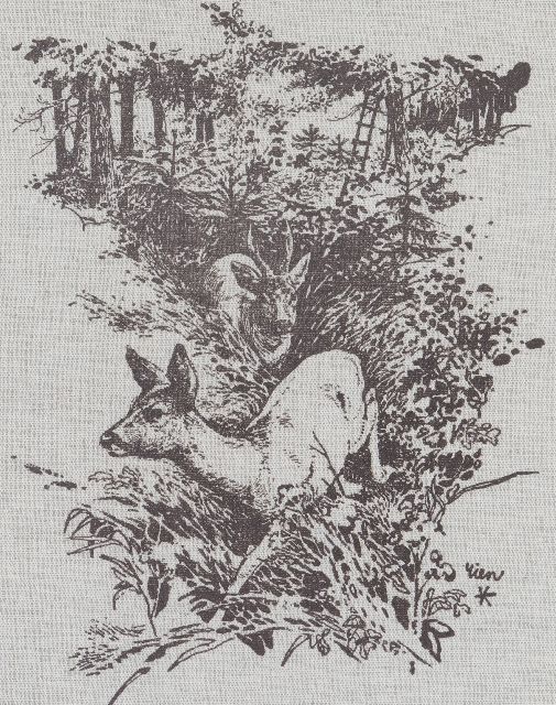 Rien Poortvliet | Twee reeën, druk op doek, 32,0 x 25,5 cm, gesigneerd r.o.