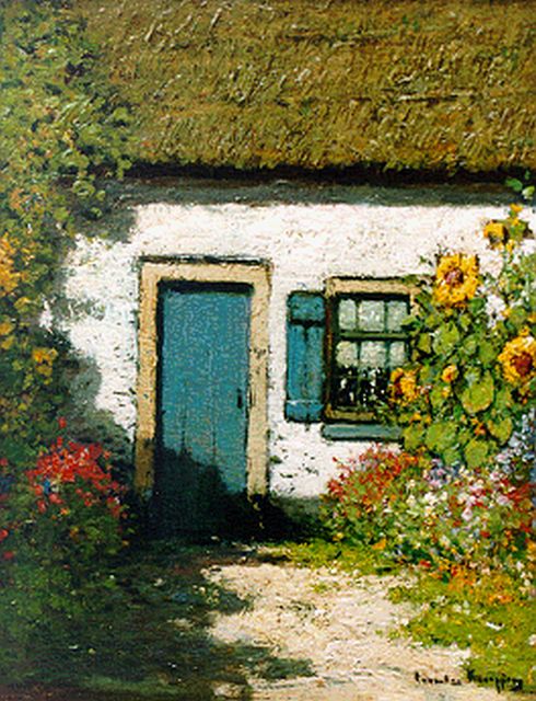 Cornelis Kuijpers | Boerenerf met zonnebloemen, olieverf op paneel, 35,5 x 27,8 cm, gesigneerd r.o.