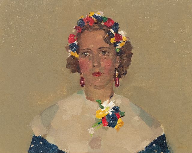 Frits Verdonk | Jonge vrouw met bloemenkrans, olieverf op doek