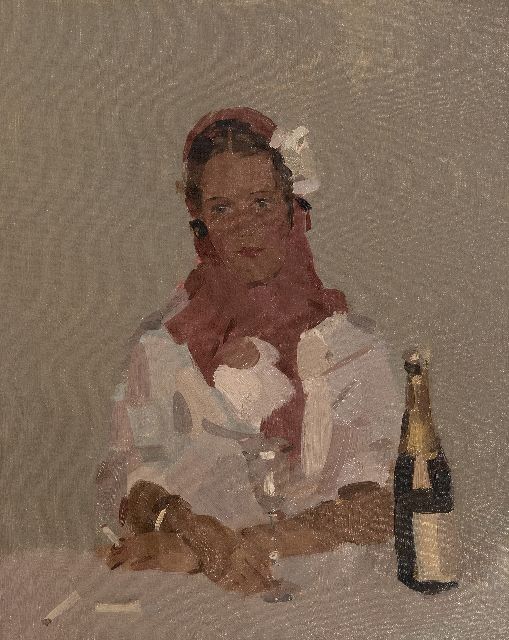 Frits Verdonk | Vrouw met sigaret en champagnefles, olieverf op doek, 50,2 x 40,1 cm