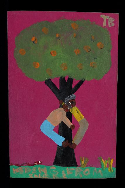 Tim Brown | Hiding from snake, acryl op paneel, 48,0 x 31,0 cm, gesigneerd r.b. met initialen
