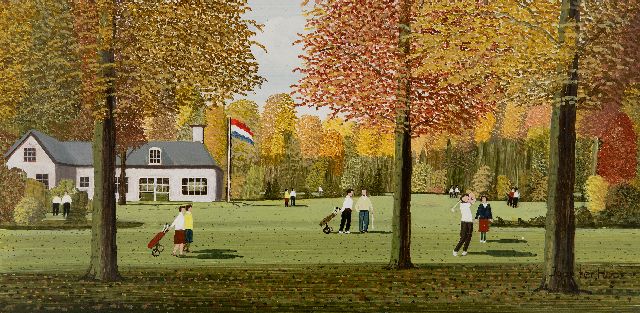 Haar J.E. ter | Golfclub, olieverf op board 19,6 x 39,9 cm, gesigneerd r.o. en zonder lijst