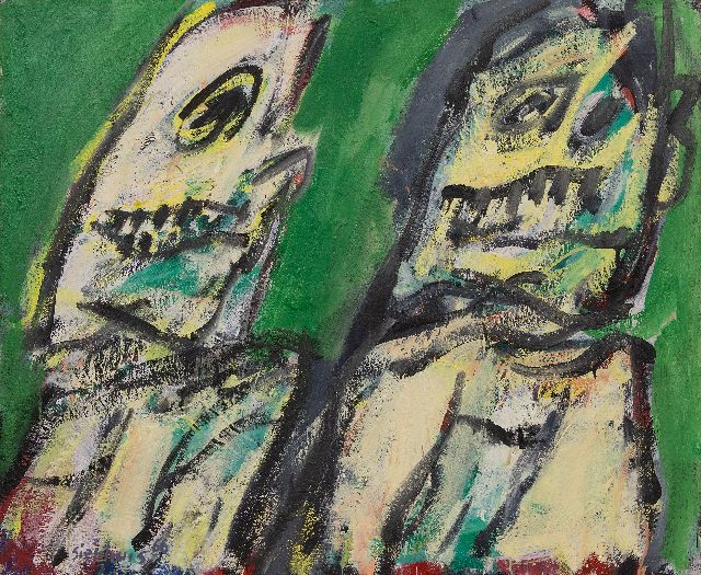 Jan Sierhuis | Twee figuren, tempera en olie op doek, 69,6 x 85,3 cm, gesigneerd l.o. en gedateerd '66