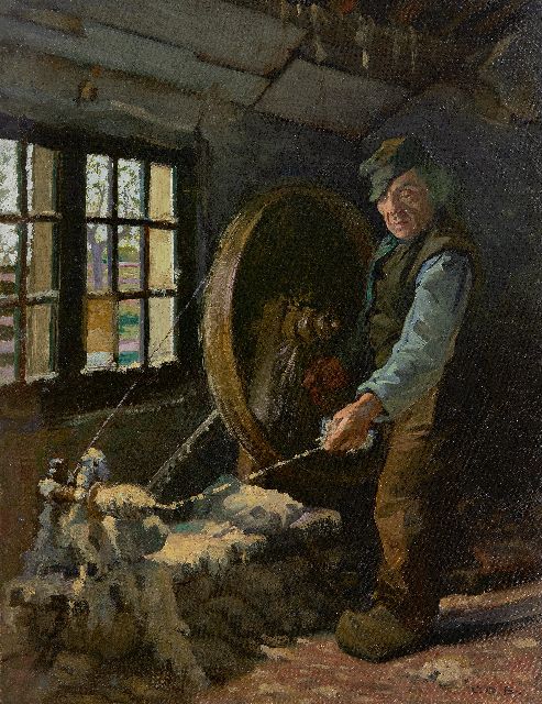 Co Breman | Larens interieur met spinner - buiten een luministisch landschap, olieverf op doek op board, 49,7 x 39,1 cm, gesigneerd r.o.