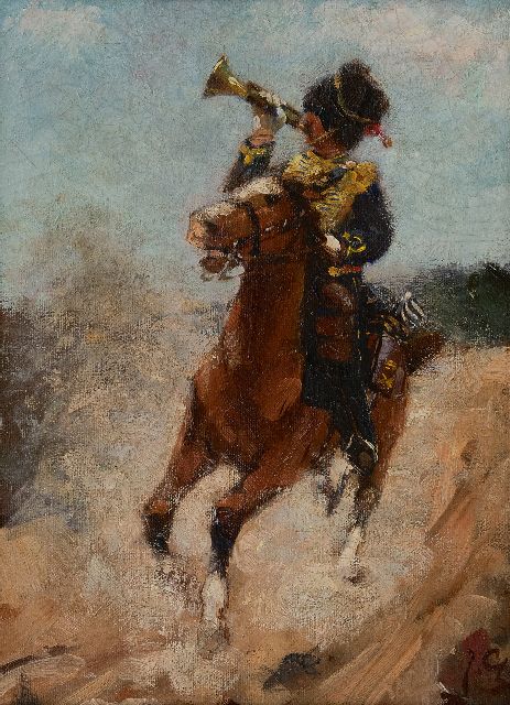 Jacob Hendrik Geerlings | Gele rijder met trompet, olieverf op doek, 32,1 x 22,9 cm, gesigneerd r.o. met initialen