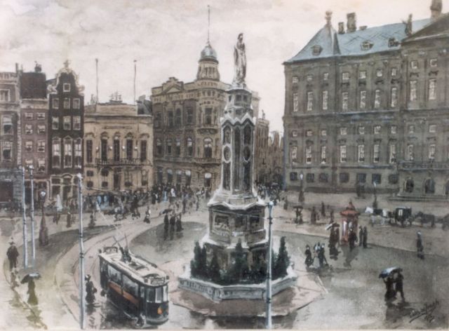 Tinus de Jongh | Gezicht op de Dam, aquarel op papier, 16,5 x 22,5 cm, gesigneerd r.o. en gedateerd 1912