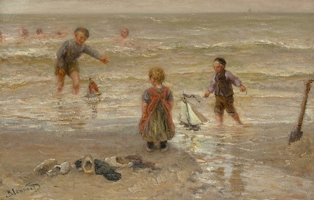 Bernard Blommers | Spelen in de branding, olieverf op doek, 64,4 x 100,6 cm, gesigneerd l.o.