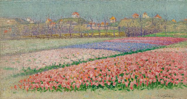 Albert Lefebvre | Hyacintenvelden achter de duinen bij Noordwijk, olieverf op doek, 32,4 x 60,0 cm, gesigneerd r.o.