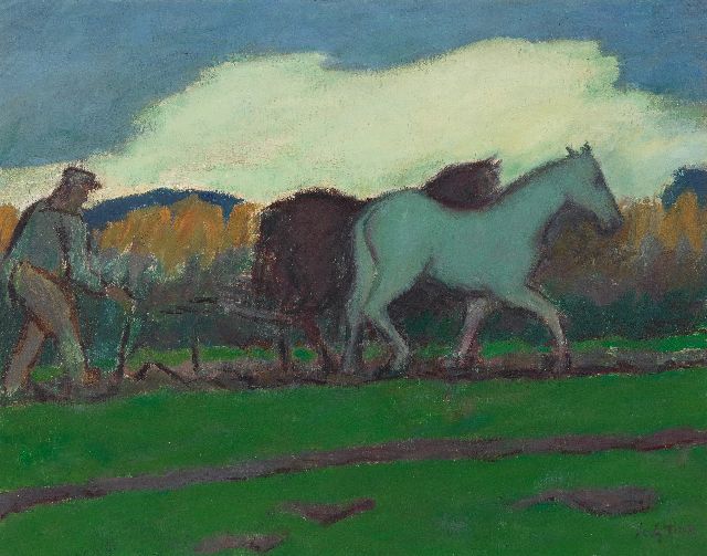 Jan Altink | Ploegende boer met paarden, wasverf op doek, 55,0 x 70,1 cm, gesigneerd r.o. en te dateren ca. 1924-1928