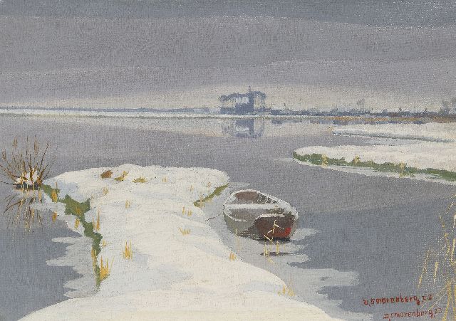 Smorenberg D.  | Winters plasgezicht, in de verte het kerkje van Oud-Loosdrecht, olieverf op doek 22,3 x 31,9 cm, gesigneerd r.o. (tweemaal) en gedateerd '23 (tweemaal)