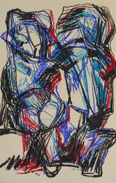 Frieda Hunziker | Voorstudie Twee figuren, waskrijt op papier, 78,5 x 49,9 cm, gesigneerd l.o. met initialen en gedateerd 10-12-'61