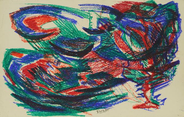 Hunziker F.  | Compositie, waskrijt op papier 50,0 x 78,5 cm, gesigneerd m.o. en zonder lijst