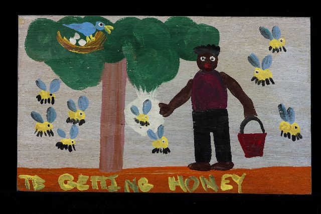Tim Brown | Getting honey, acryl op paneel, 24,0 x 40,0 cm, gesigneerd l.o. met initialen