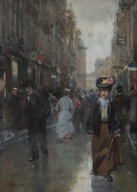 Floris Arntzenius | Drukbevolkte Spuistraat in Den Haag, aquarel op papier, 41,6 x 30,7 cm, gesigneerd l.o.