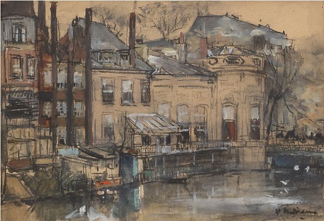 Floris Arntzenius | Gezicht op achterzijde Binnenhof, Den Haag, zwart krijt en aquarel op papier, 11,6 x 16,6 cm, gesigneerd r.o.