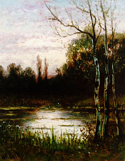 Willem Frederik Hulk | Boslandschap met water, olieverf op paneel, 12,7 x 10,3 cm, gesigneerd l.o.