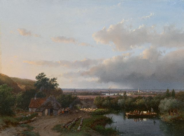 Andreas Schelfhout | Panoramisch zomerlandschap met overzetveer, olieverf op paneel, 37,3 x 50,6 cm, gesigneerd l.o. en gedateerd '57