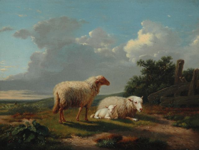 Joseph van Dieghem | Landschap met twee schapen en een lam, olieverf op paneel, 18,8 x 24,5 cm, gesigneerd r.m. met E.J. Verboeckhoven en gedateerd 1855