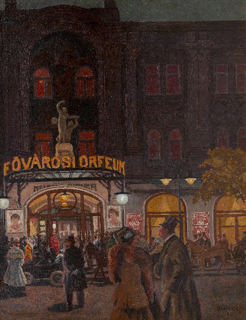 Antal Berkes | Bij het Variététheater Fövárosi Orfeum in Boedapest, olieverf op doek, 115,3 x 89,0 cm, gesigneerd r.o. en gedateerd (onduidelijk)