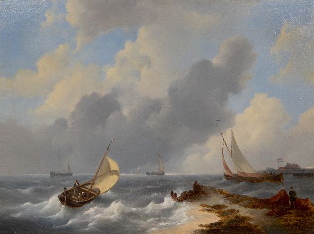 Johannes Christianus Schotel | Schepen op een woelige zee, olieverf op paneel, 45,7 x 61,4 cm, gesigneerd r.o. met initialen (en resten van signatuur)