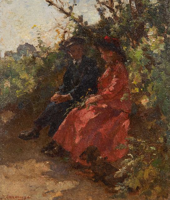 Johannes Evert Akkeringa | Rendez-vous in de Scheveningse duinen, olieverf op paneel, 28,5 x 24,4 cm, gesigneerd l.o.