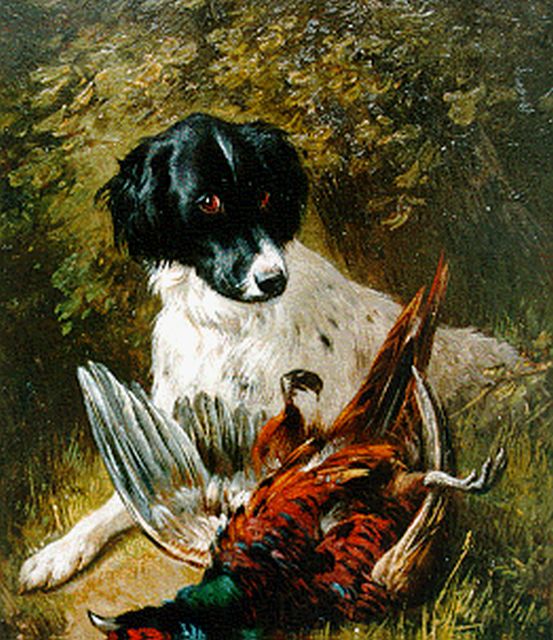 Ronner-Knip H.  | Spaniel bij zijn buit, olieverf op paneel 19,5 x 15,8 cm, gesigneerd r.o.