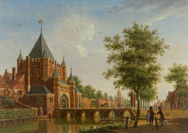 Isaac Ouwater | Gezicht op de Grote Houtpoort in Haarlem (pendant, uitsluitend tezamen), olieverf op paneel, 13,8 x 19,6 cm, gesigneerd r.o. met monogram en (prijs is per pendant, verkoop alleen tezamen)