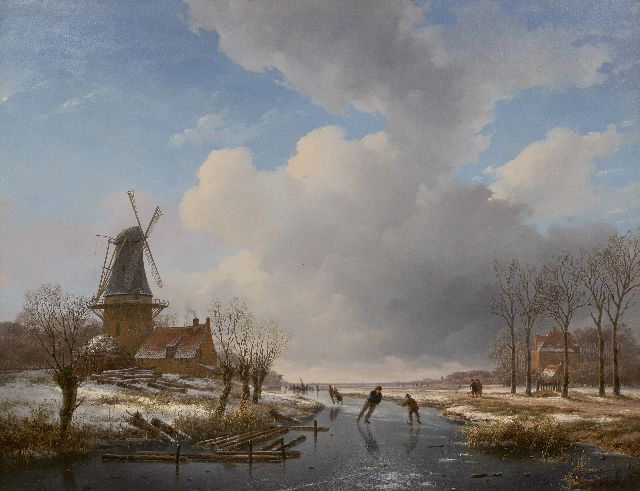Andreas Schelfhout | Schaatsers op een bevroren vaart bij een molen, olieverf op doek, 83,8 x 107,9 cm, gesigneerd m.o. en te dateren ca. 1828