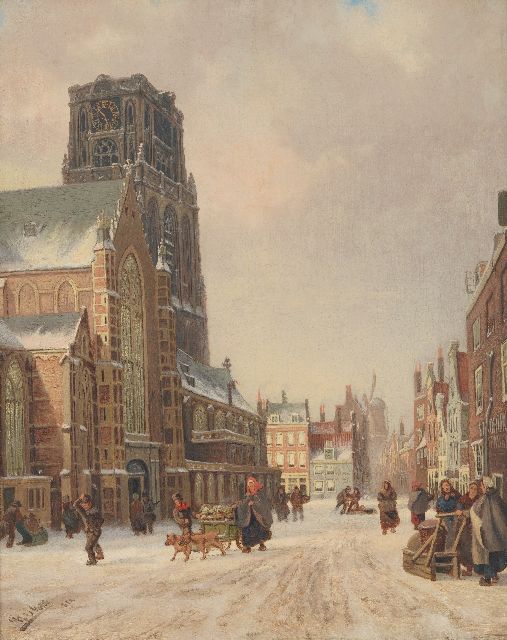 Gulik F.L. van | Winters gezicht in Rotterdam met de Sint-Laurenskerk en de molen De Noord, olieverf op paneel 40,5 x 32,4 cm, gesigneerd l.o. en gedateerd 1882