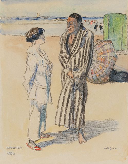 Willy Sluiter | Scheveningen, Bains Mixtes, krijt en aquarel op papier op board, 47,0 x 36,7 cm, gesigneerd r.o.