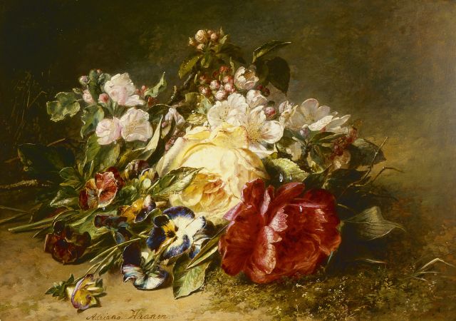 Adriana Haanen | Gemengd bloemenboeket op de bosgrond, olieverf op paneel, 32,0 x 43,0 cm, gesigneerd l.o.