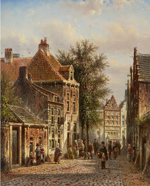 Johannes Franciscus Spohler | Drukbevolkt Hollands straatje, olieverf op paneel, 26,6 x 21,3 cm, gesigneerd r.o.
