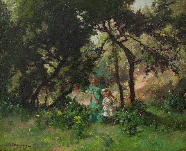 Johannes Evert Akkeringa | Bloemen plukken in de duinen, olieverf op doek, 29,3 x 35,6 cm, gesigneerd r.o.