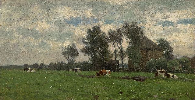 Jan Hendrik Weissenbruch | Grazende koeien bij een hooiberg, olieverf op doek, 24,8 x 45,4 cm, gesigneerd r.o.