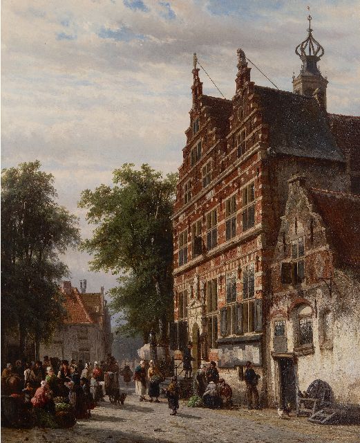 Cornelis Springer | Het Raadhuis van Naarden aan de Marktstraat, olieverf op paneel, 51,6 x 42,0 cm, gesigneerd r.o. en gedateerd 1863