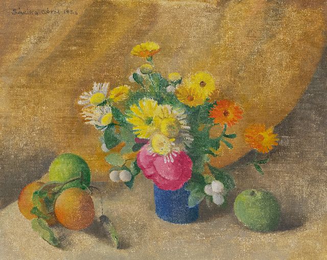 Sarika Góth | Stilleven met bloemen in blauwe vaas, olieverf op doek, 40,1 x 50,0 cm, gesigneerd l.b. en gedateerd 1986