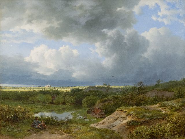 Barend Cornelis Koekkoek | Panoramisch landschap met bleekveld en Haarlem in de verte, olieverf op doek, 39,4 x 52,6 cm, gesigneerd r.o. en gedateerd 1836