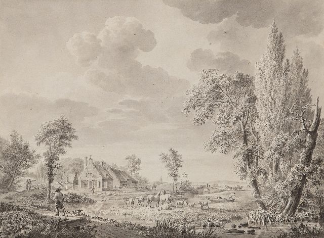 Koekkoek J.H.  | Rivierlandschap met figuren en vee bij een boerenhoeve, gewassen inkt op papier 29,0 x 38,8 cm, gesigneerd l.o. en zonder lijst