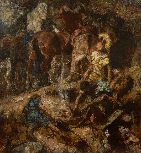 Jurres J.H.  | Romeinse soldaten en hun paarden bij een drinkplaats, olieverf op doek 54,0 x 50,0 cm, gesigneerd l.o.