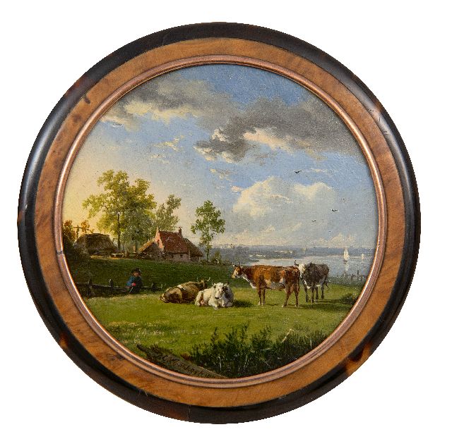 Barend Cornelis Koekkoek | Dekseldoosje beschilderd met koeien in een rivierlandschap, koper, hout, gesigneerd m.o. en gedateerd 1838