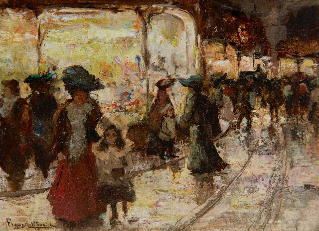 Frans Helfferich | Winkelen bij avond, Den Haag, olieverf op paneel, 12,0 x 16,0 cm, gesigneerd l.o.