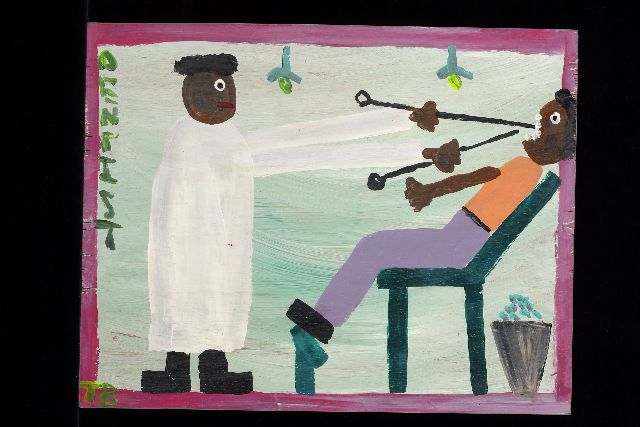 Tim Brown | Dentist, acryl op paneel, 34,0 x 43,0 cm, gesigneerd l.o. met initialen en ca 1995